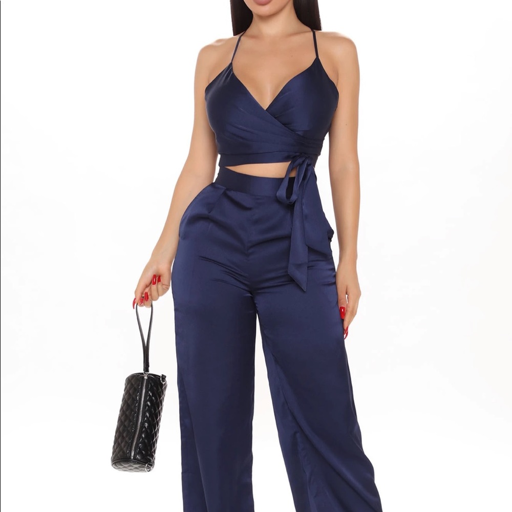 Navy Blue Luxury Satin Pants Set